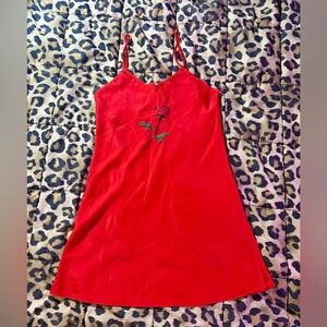 Vintage Y2K Red Slip Dress with Rose Embroidery